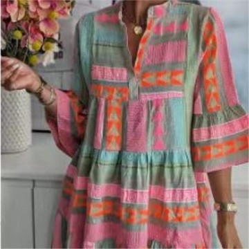 2025歐美時尚獨立站跨境新款印花立領七分袖連衣裙