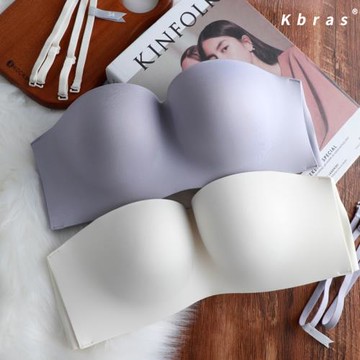 Kbras日本無肩帶2穿半杯裹胸無鋼圈上托聚攏文胸內衣女防滑不掉