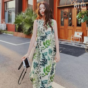 初色 棉麻風休閒寬鬆圓領無袖葉子碎花印花中長裙連衣裙連身洋裝長裙-綠色-52028(M-2XL可選)