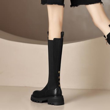 Tisdaini 巨顯瘦~黑色長筒靴女秋冬棕色厚底直筒騎士靴高筒5.5cm