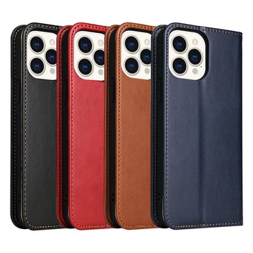 PU Fierre Shann 真皮紋 iPhone 13 Pro (6.1吋) 錢包支架款 磁吸側掀 手工皮套保護殼-紅色
