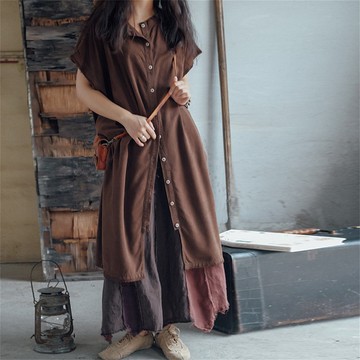 咖色 3色 桑油絲植物染洋裝 毛邊拼片開衫連衣裙