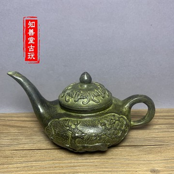 古玩新品仿古銅器青銅器居家裝飾擺件老式水壺茶壺純銅五蝙銅壺