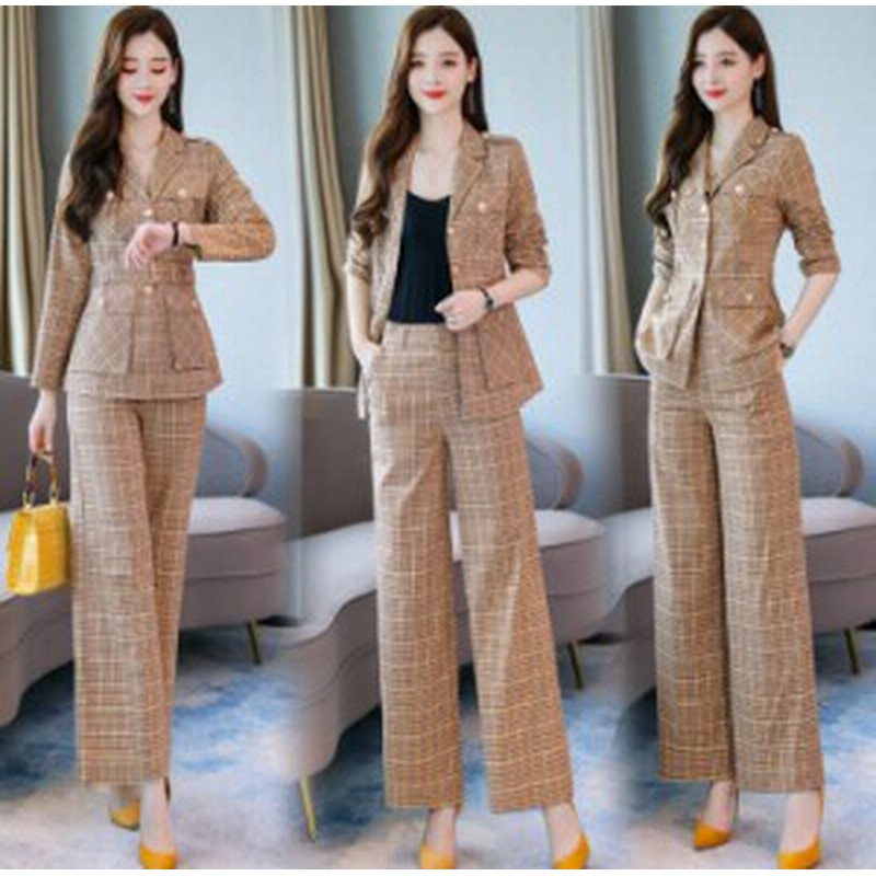 フォーマルスーツ 2点セット ジャケット ベルト付き パンツスーツ チェック柄 レディーススーツ ワイドパンツ セットアップ セレモニー 通販 Lineポイント最大get Lineショッピング
