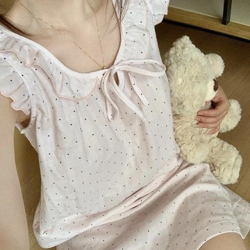 日系 夏季 新款 甜美 花邊 波點 小飛袖 網紅 寬鬆 少女 睡裙女 吊帶 薄款 中長款 睡衣 宿舍 可外穿 家居服
