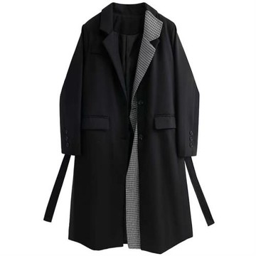 春秋裝復古長款風衣黑白格單排扣拼接寬松氣質外套大衣