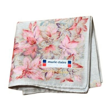 marie claire 日本製淺灰底金線粉花印花圖騰字母LOGO帕巾(43CM)