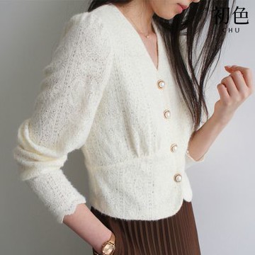 初色 純色V領排釦花邊蕾絲高腰短版長袖襯衫上衣女上衣-杏色-16478(M-2XL可選)