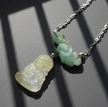 冰種黃翡翡翠寶寶佛如意項鍊 925銀 | 天然緬甸玉翡翠A貨 | 送禮