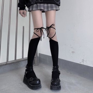 夜間教習室黑色綁帶襪子女夏季jk交叉小腿襪長筒lolita過膝ins潮
