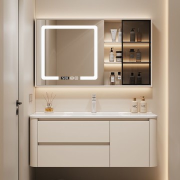 圓角實木陶瓷一體奶油浴室柜智能洗臉盆組合洗漱衛生間洗臉盆柜