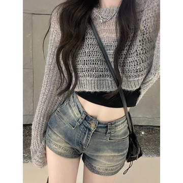 做舊牛仔短褲女 夏季新款美式 高腰彈力 辣妹修身 顯瘦闊腿褲 ins潮流短褲 牛仔褲女 牛仔短褲 辣妹短褲 顯瘦牛仔褲
