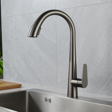 槍灰色抽拉式廚房水龍頭冷熱水洗菜盆水槽龍頭可旋轉伸縮黑色黃銅