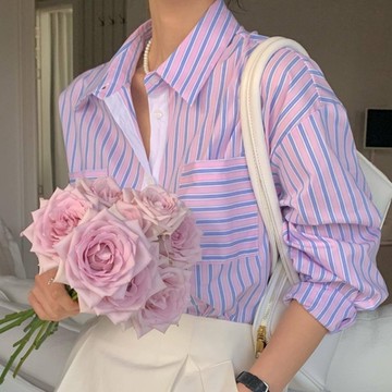 MOCO韓版chic氣質簡約條紋撞色雙口袋中間白條百搭排釦翻領襯衫