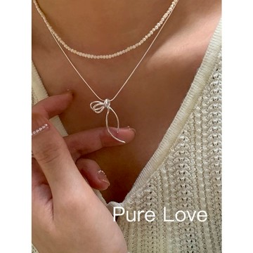 Pure Love樂芙 / 正韓 銀飾【S925純銀】N0827簡約通體純銀項鍊不規則線條蝴蝶結絲帶鎖骨鏈 短項鏈 /銀