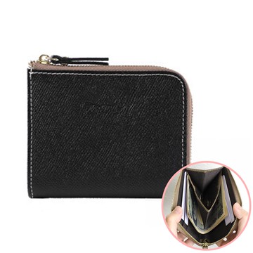 日本 LIZDAYS - 極輕量真皮迷你零錢包/短夾-防盜設計-黑x棕 (11x9x2cm)