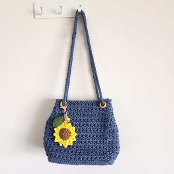 JOAN作品 - 藍色圓股綿線編織肩背袋+太陽花掛件