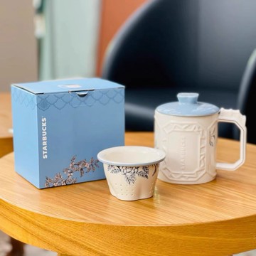 星巴克杯子2026新年禮物杯子國風青花東方園林秘境系復古浮雕窗格陶瓷馬克杯子含茶漏組