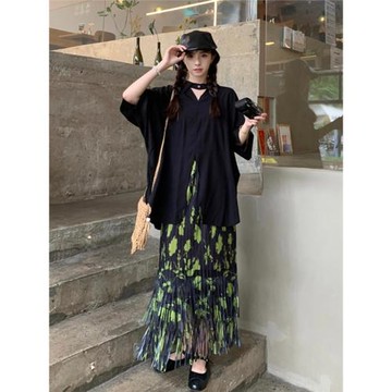 大碼時尚套裝女夏季半袖襯衫上衣微胖MM碎花流蘇A字半身裙兩件套