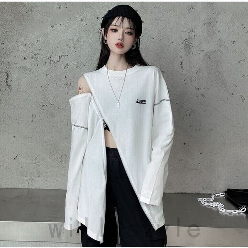 オフショルtシャツ韓国オルチャンストリートダンス衣装スリットファスナー原宿系長袖レッスン着ロゴトップス 通販 Lineポイント最大get Lineショッピング