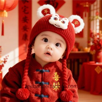 嬰兒帽子寶寶紅色保暖冬季針織毛線護耳帽男女寶過年喜慶新年拜年