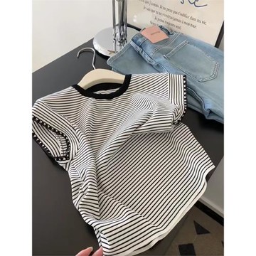 專柜撤回剪標復古條紋正肩小飛袖T恤女夏新款設計感時尚減齡上衣