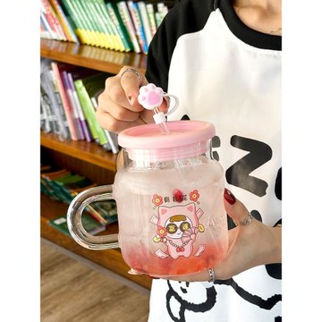 新款2025水杯玻璃杯大容量辦公室泡茶杯子把手高顏值大肚吸管家用
