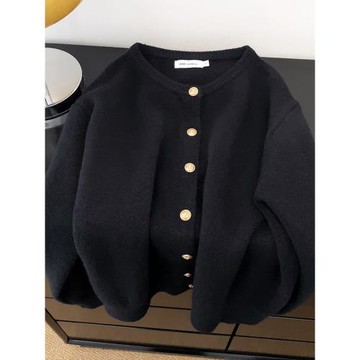 軟糯浣熊絨金扣毛針織開衫秋冬韓系基礎款百搭黑色毛衣外套女春秋