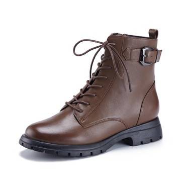 CHOiCE 率性真皮綁帶低跟短靴 可可 #36901