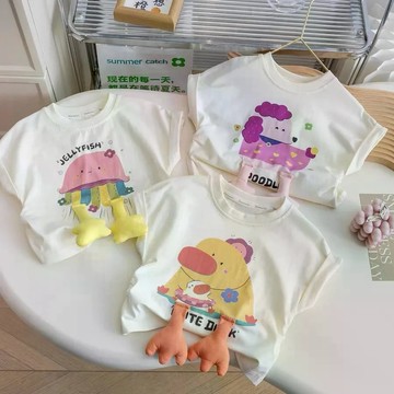 兒童女孩可愛立體卡通抽褶無袖T恤印花寶寶新款夏季童裝洋氣上衣 韓版短袖  女童打底衫 上衣兒童夏裝 女童衣服
