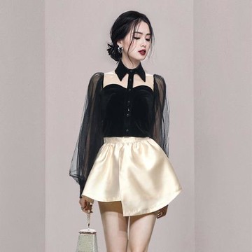 俏皮女裝氣質polo絲絨上衣新款高端不規則短裙小個子秋裝搭配顯高