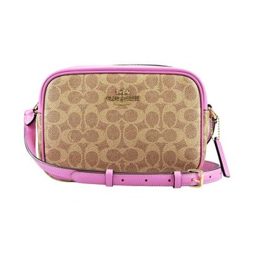 COACH棕色C Logo PVC粉紫紅邊真皮金字飾牌斜背相機包