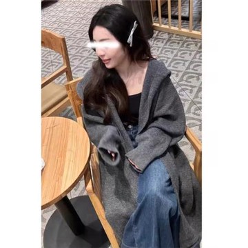 原版韓系慵懶風連帽長款過膝針織開衫女秋冬加厚寬松顯瘦外套大衣