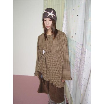 3months2025秋季新款日系小眾復古風格紋荷葉邊寬松百搭長袖T恤女