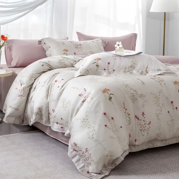 60支100%天絲 特大床包兩用被四件組  被子 + 床罩 + 枕套組  雅卉 白色  7 x 6尺