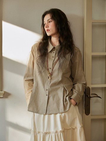 格紋芝白 書卷氣 細格紋襯衫 褶襉設計翻領襯衣 知識分子通勤氣質