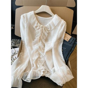 系帶荷葉邊蕾絲刺繡小衫女春秋新款高級雪紡衫寬松顯瘦設計感上衣