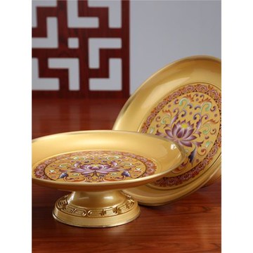 秦歌黃銅彩繪供佛果盤家用佛前供果盤蓮花供盤水果盤財神爺供果盤