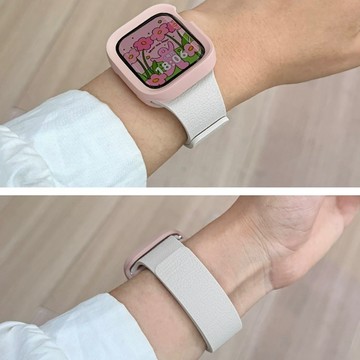 組合裝 荔枝紋皮紋磁吸錶帶  適用於 Apple watch 11 10 9 8 防摔保護殼組合40 42 44mm腕帶