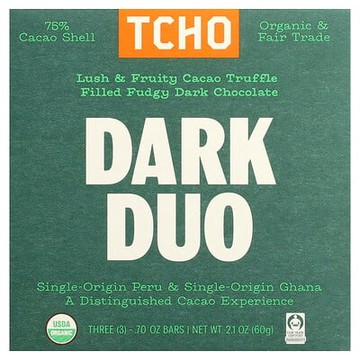 TCHO, Dark Duo，可可鬆露夾心軟質黑巧克力，75% 可可殼，3 條，每條 0.70 盎司