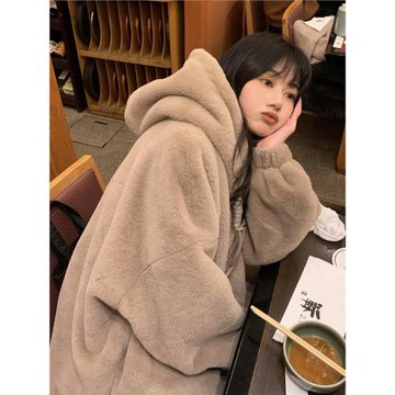 加絨加厚連帽仿羊羔毛外套女冬歐貨棉襖寬松毛絨棉衣短款保暖棉服