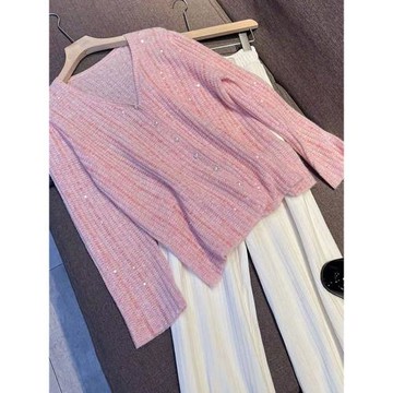 小香風別致高級設計感歐貨重工亮片超好看粉色內搭打底毛衣上衣女