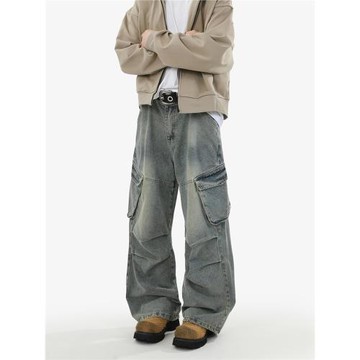 RAVENOASIS美式大口袋休閑工裝牛仔褲男高街寬松直筒水洗做舊褲子