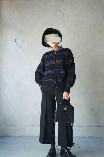 尋寶古著-紫色系色塊黑色凸凸毛球針織開襟毛衣外套