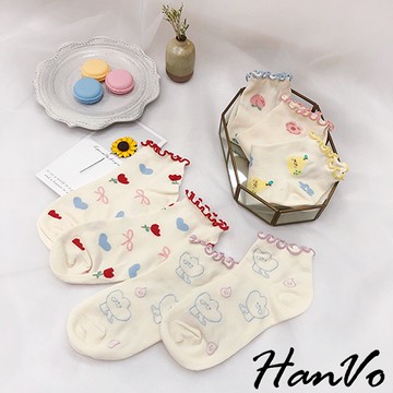 【HanVo】超可愛粉嫩木耳邊花花短襪 韓系簡約百搭舒適棉質襪 韓國潮流時尚休閒襪 女生配件 A12-6135
