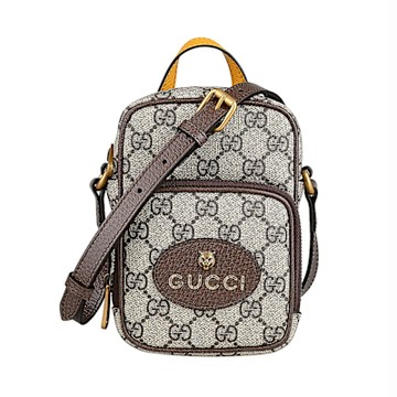 GUCCI NEO VINTAGE燙印金字LOGO立體小虎頭設計Supreme帆布拉鍊手提斜背包(迷你/米x深棕x姜黃)