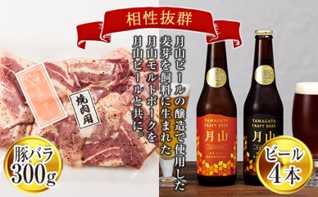 FYN9-455 月山maltポーク豚バラ厚切り焼肉用と月山ビールセット 詰め合わせ 詰合せ 山形県 西川町