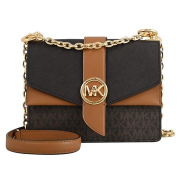 MICHAEL KORS Greenwich 金屬轉釦MK印花鍊帶斜背包.深咖