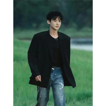 現在就出發白敬亭同款黑色廓形墊肩西裝春秋西服外套寬松男女潮牌
