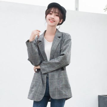 La Belleza復古格紋雙翻領單釦格子雙口袋薄款棉麻西裝外套
